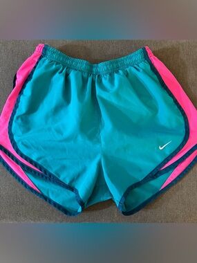 Nike Women's Teal Athletic Shorts with Pink Side Panels